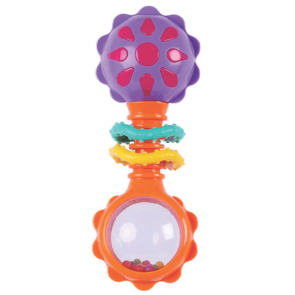 Colorful barbell-shaped rattle by Playgro for infant stimulation