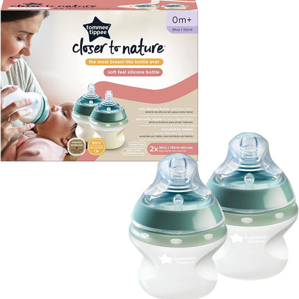 Tommee Tippee Closer To Nature Silicone Baby Bottle - Pack of 2 x 150ml - Green