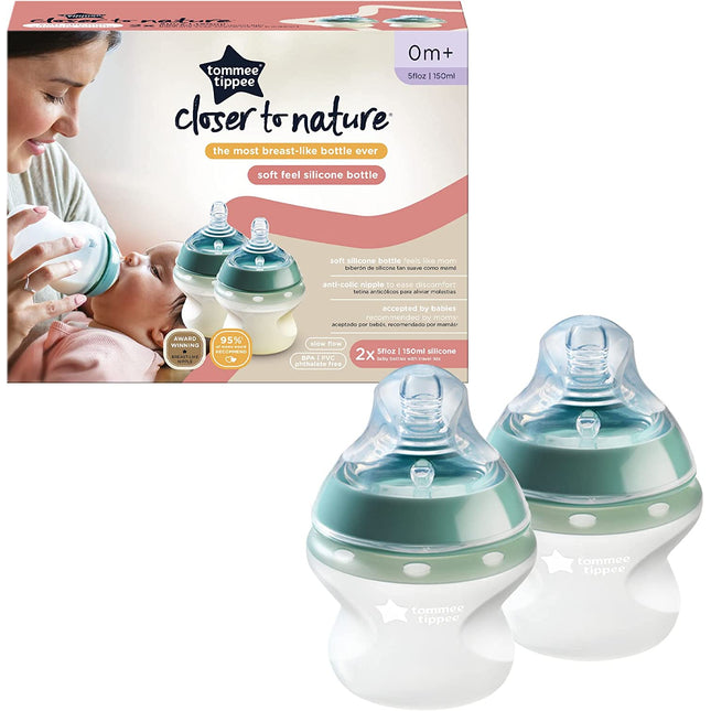 Tommee Tippee Closer To Nature Silicone Baby Bottle - Pack of 2 x 150ml - Green