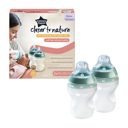 Tommee Tippee Closer To Nature Soft Feel Silicone Baby Bottles - Pack of 2 x 260ml - Green