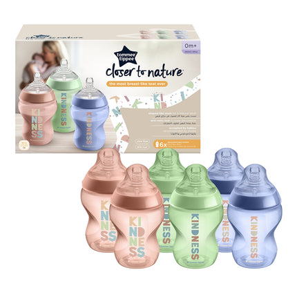 Tommee Tippee Closer To Nature Feeding Bottles - Pack of 6 x 260ml - Multicolour