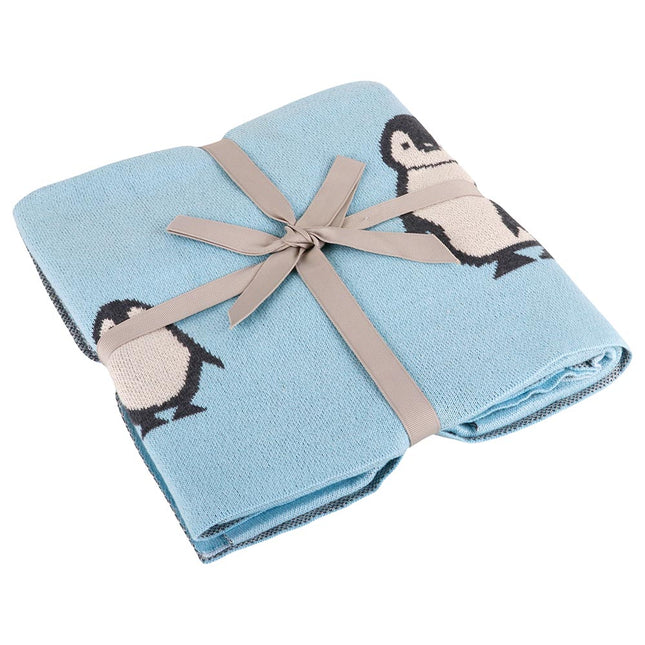 Pluchi - Knitted Kids Blanket - Penguin Family - Blue